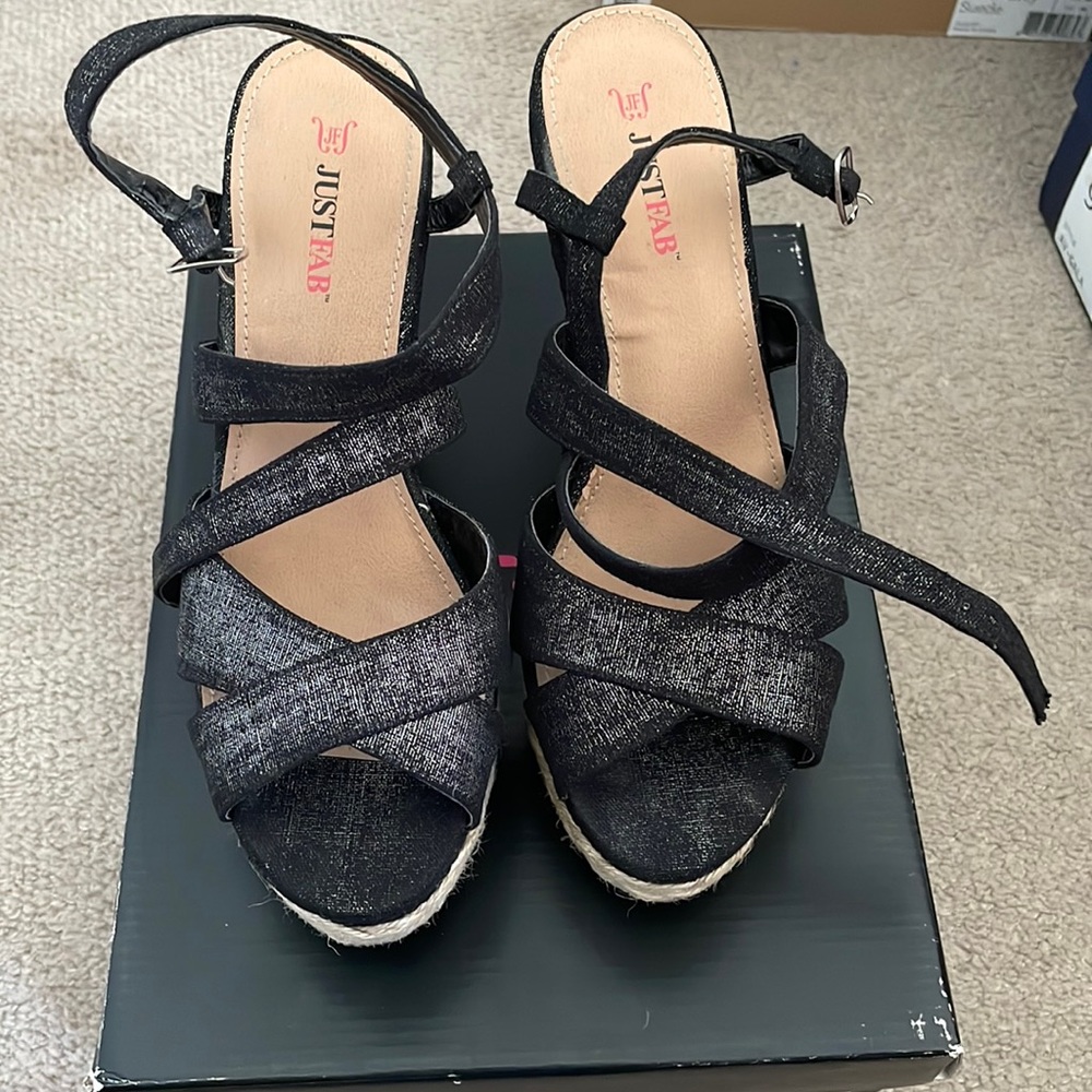 JustFab black metallic wedges